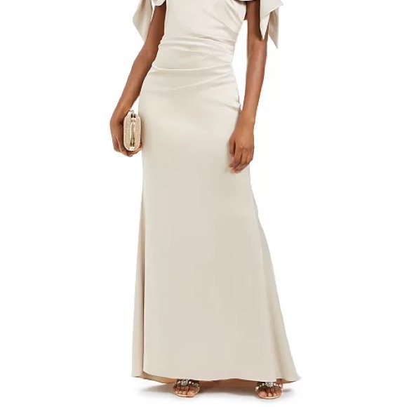 Vince Camuto Champagne OFF THE SHOULDER RUCHED TRUMPET GOWN MAXI DRESS CHP - Picture 3 of 8